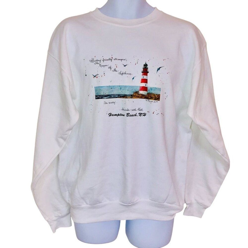 Vintage 90s Lighthouse Sweatshirt Mens M White Hampton Beach New Hampshire New